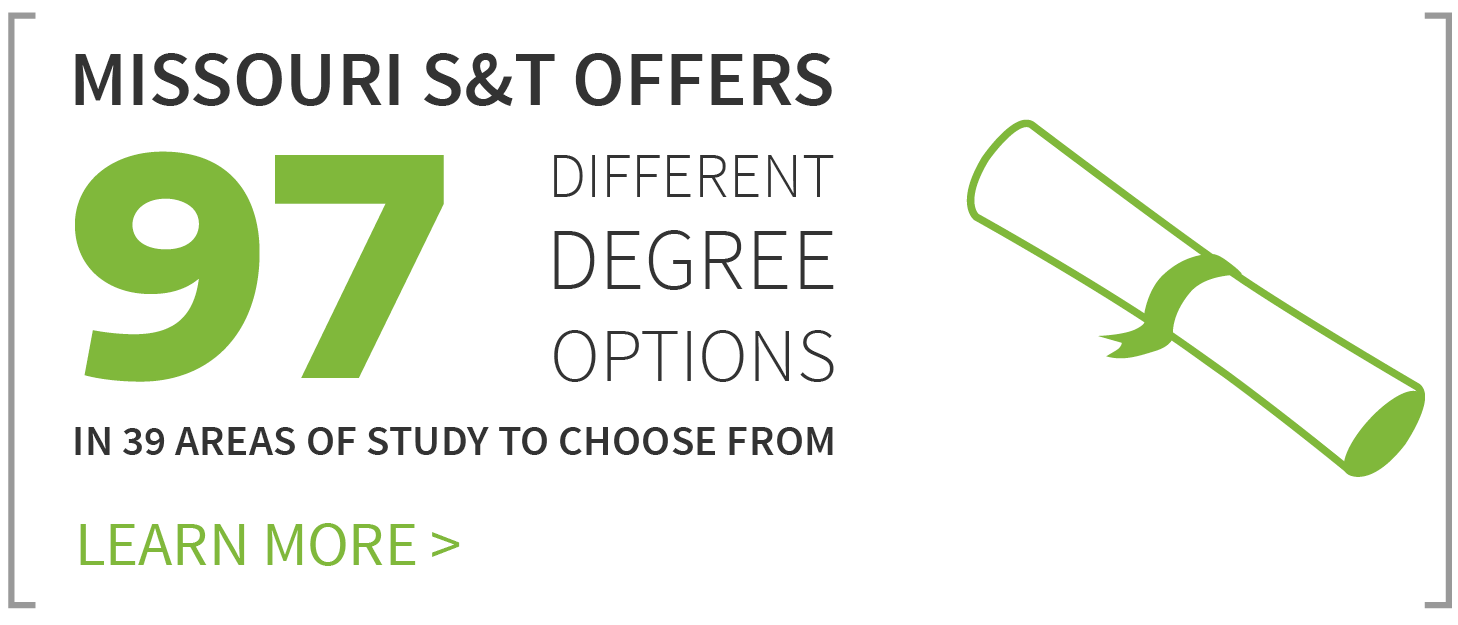 Missouri S&T offers 97 degrees in 39 areas of study.